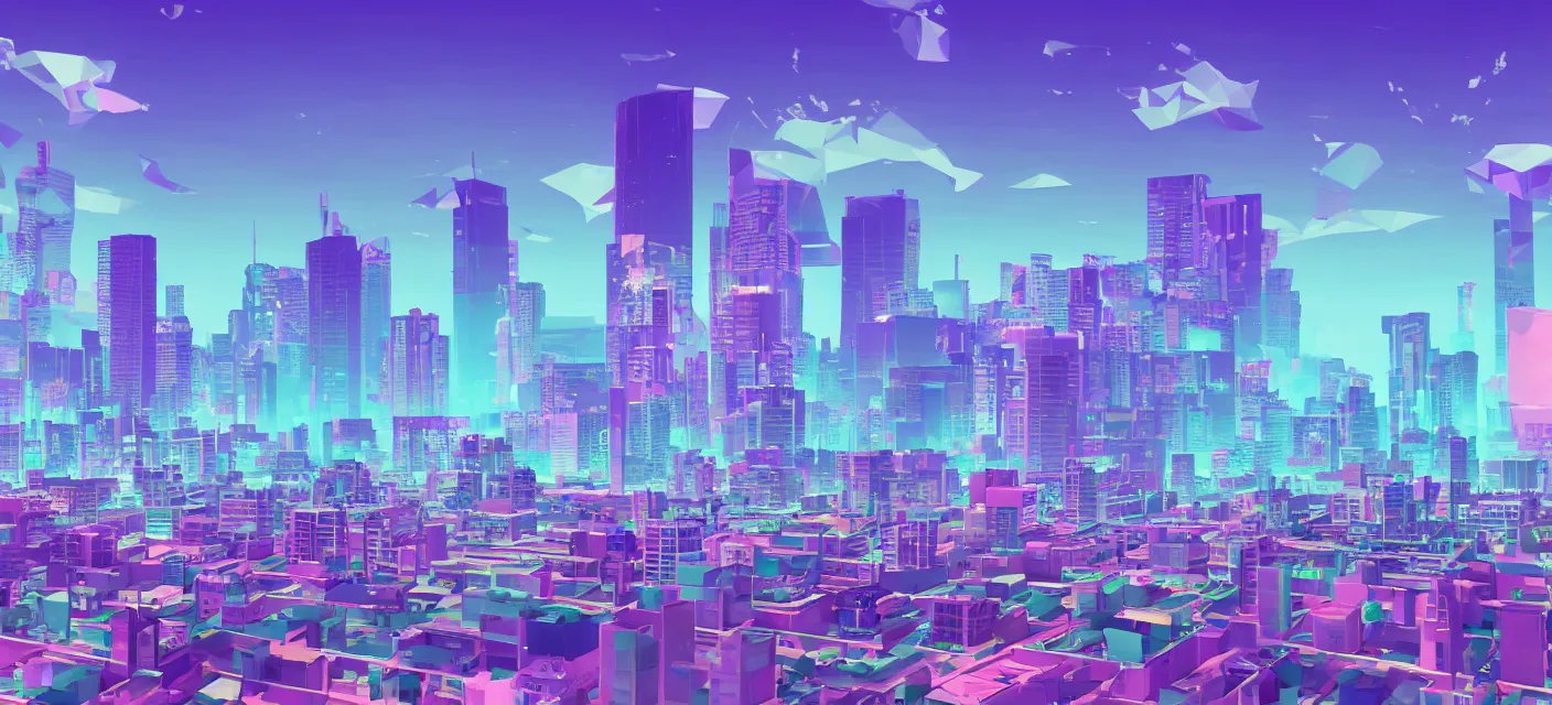 Prompt: vaporwave videogame city wallpaper, deskmat. io, low poly, large,