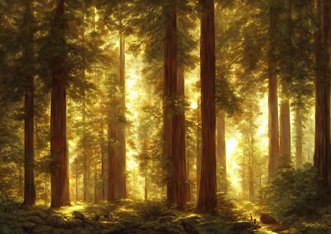 Image similar to a peaceful sanctuary in a beautiful california redwood forest, light streams through the trees, art by albert bierstadt and greg rutkowski, hyperrealism