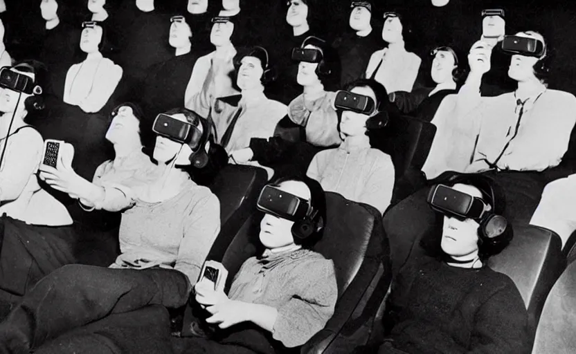 Image similar to 1 9 0 0 s photo of people using iphones ipods virtual reality headsets vr in a movie theater masterpiece