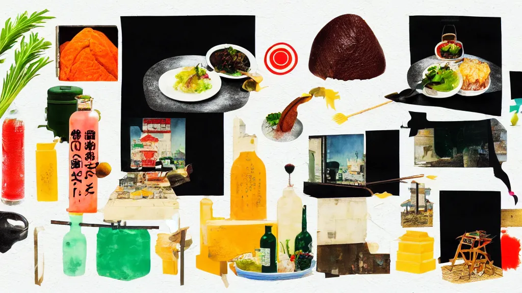 Prompt: an arrangement of foodie traveller props, japan, a collage painting, in the style of wes anderson, lola dupre, david hockney, isolated on negative white space background dark monochrome neon spraypaint accents volumetric octane render