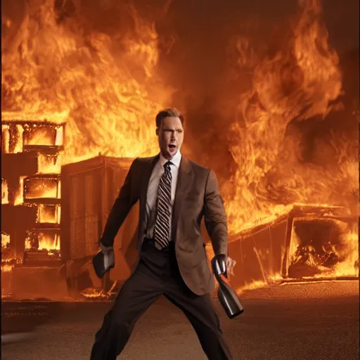 Image similar to Live Action Still of Jerma in The Towering Inferno, real life, hyperrealistic, ultra realistic, realistic, highly detailed, epic, HD quality, 8k resolution, body and headshot, film still