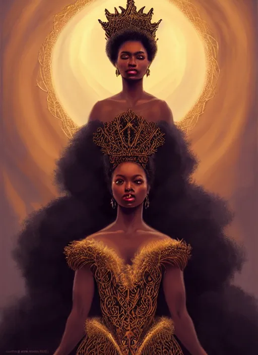Prompt: full body portrait of beautiful black woman as the swan queen, glowing crown, beautiful flowy feathered gown, beautiful baroque lace detail, highly detailed, digital painting, artstation, concept art, smooth, sharp focus, illustration, face by wlop, illustrated by mars ravelo and greg rutkowski