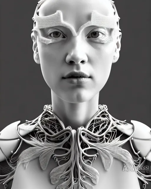 Prompt: bw 3 d render, stunning beautiful very young angelic cute biomechanical albino female cyborg with a porcelain profile face, rim light, big leaves and stems, roots, fine foliage lace, alexander mcqueen, art nouveau fashion embroidered collar, steampunk, silver filigree details, hexagonal mesh wire, mandelbrot fractal, elegant, artstation trending