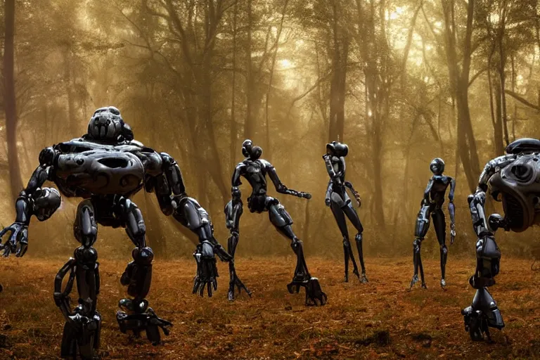 Prompt: 1 0 0 0 0 humanoid robots fighting in the forest, hyper realistic, ambient lighting, concept art, intricate, hyper detailed, smooth, dynamic volumetric lighting, octane, raytrace, cinematic, high quality, high resolution, 4 k, cgsociety, rutkowski, gurney, h. r. giger!!!