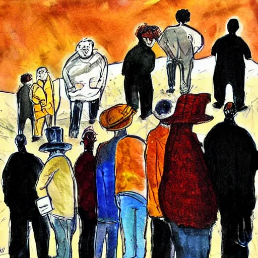 Image similar to A beautiful painting of a group of people waiting in line to vote. burnt umber by Sam Kieth magnificent