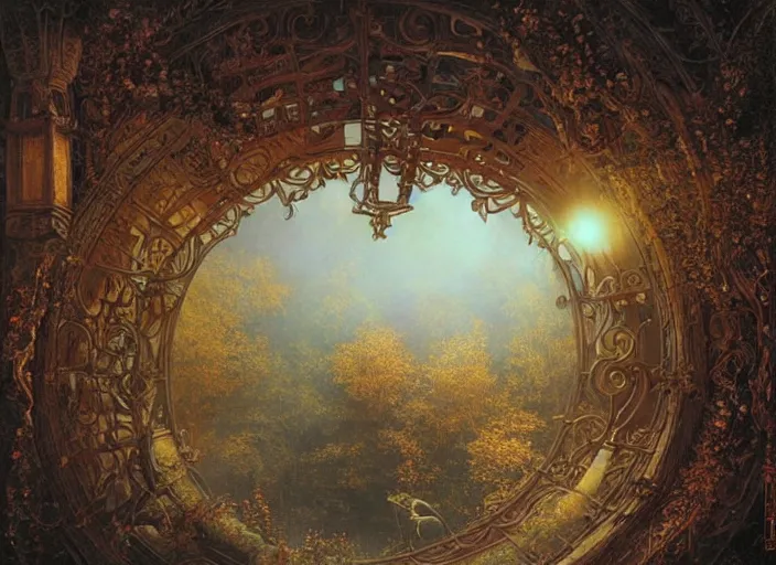 Image similar to large rustic intricately decorated cast iron gate, a view to an eerie fantasy world, golden glowing sphere, ethereal back light, mist, coherent composition, detailed fantasy painting by noriyoshi ohrai, yuumei