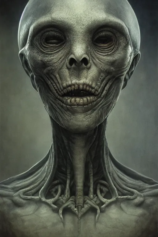 Prompt: ultrarealistic portrait of an ominous grey alien horror, detailed matte painting, dark atmosphere, by h. r. giger, h. p. lovecraft, maxfield parrish, and beksinski, octane render, cgi