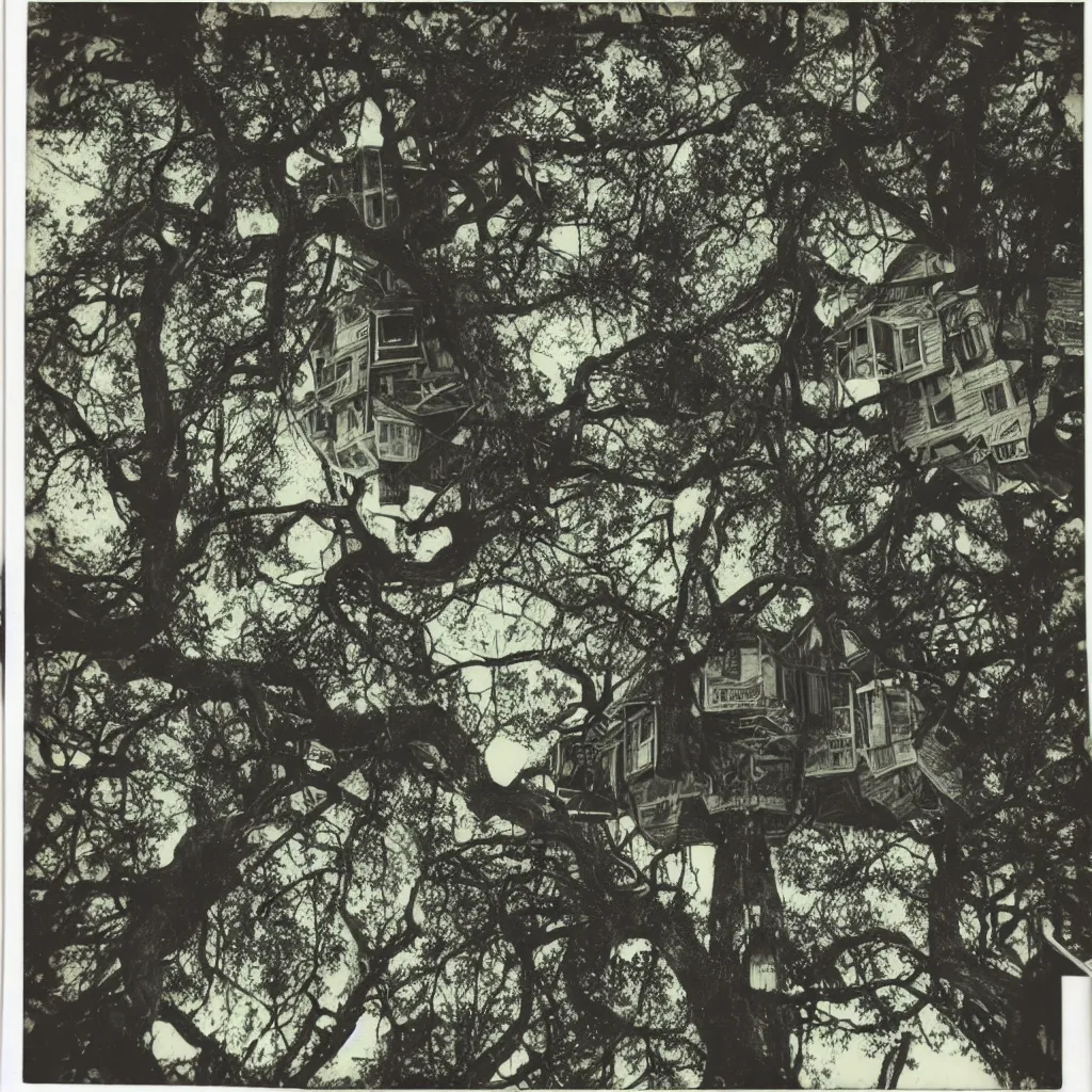 Prompt: vintage polaroid of cosmic horror in a tree house