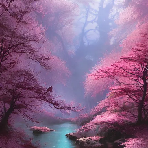 Image similar to detailed concept art of a beautiful winding river during spring with cherry blossom trees, artstation, award - winning realistic concept art by jim burns and greg rutkowski, beksinski, a concept art masterpiece, red color palette, james gilleard, bruegel, alphonse mucha, and yoshitaka amano.