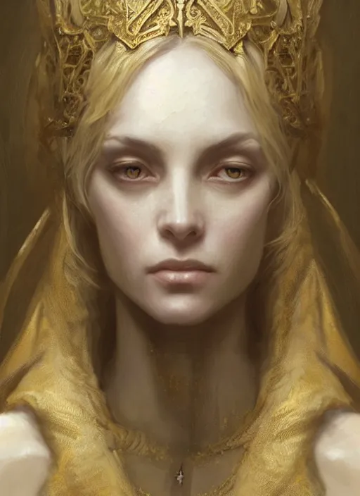 Image similar to female pale aristocrat, gold, character portrait, concept art, intricate details, highly detailed by greg rutkowski, michael whelan and gustave dore, face enhance, ultra detailed