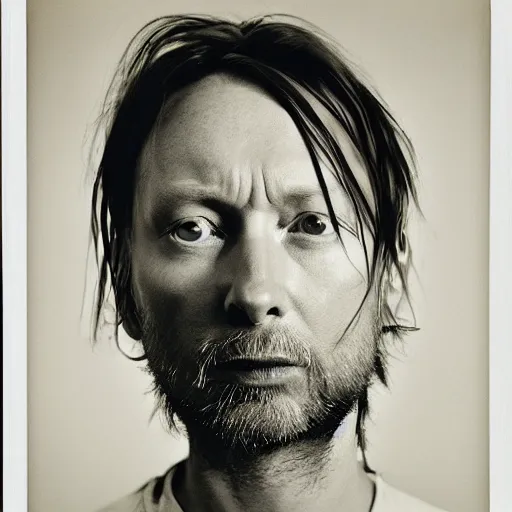 Prompt: Radiohead's Thom Yorke, with a beard and a black shirt, a computer rendering by Martin Schoeller, cgsociety, de stijl, uhd image, tintype photograph, studio portrait, 1990s, calotype