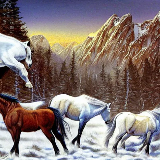 Image similar to painting of a herd of wild horses on a snowy mountain in the style of Bev Doolittle, HD, Detailed, Realism