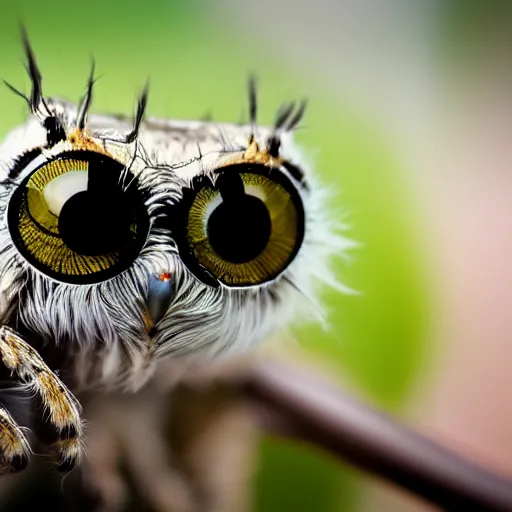 Prompt: jumping spider mixed with owl with 4 eyes, cute creature, hybrid, anamorphic lens, bokeh, kodak color film stock, macro shot