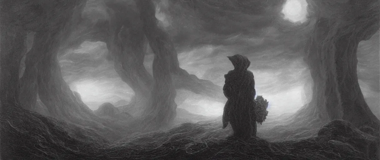 Image similar to an engraving portrait of yog sothoth, lovecraftian atmosphere, caspar david friedrich, foggy, depth, strong shadows, stormclouds, illuminated focal point, highly detailed