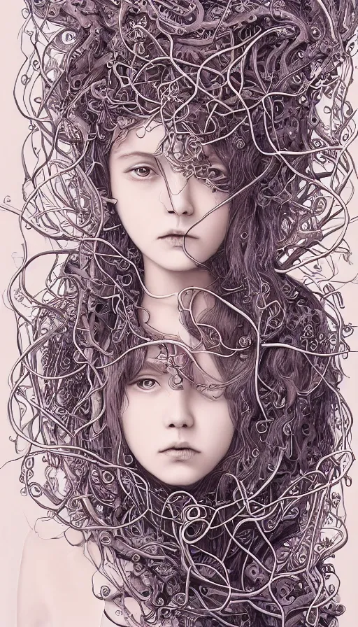 Prompt: very detailed portrait of a 2 0 years old girl surrounded by tentacles, the youg woman visage is blooming from fractal and vines, by yoshitaka amano,