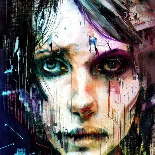 Image similar to a cyberpunk noir detective, skulls, wires cybernetic implants, machine noir grimcore in cyberspace photoreal, atmospheric by jeremy mann francis bacon and agnes cecile, ink drips paint smears digital glitches