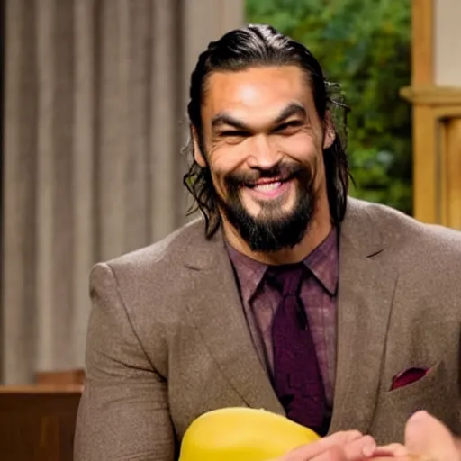 Prompt: a still image of jason momoa as mr. rogers