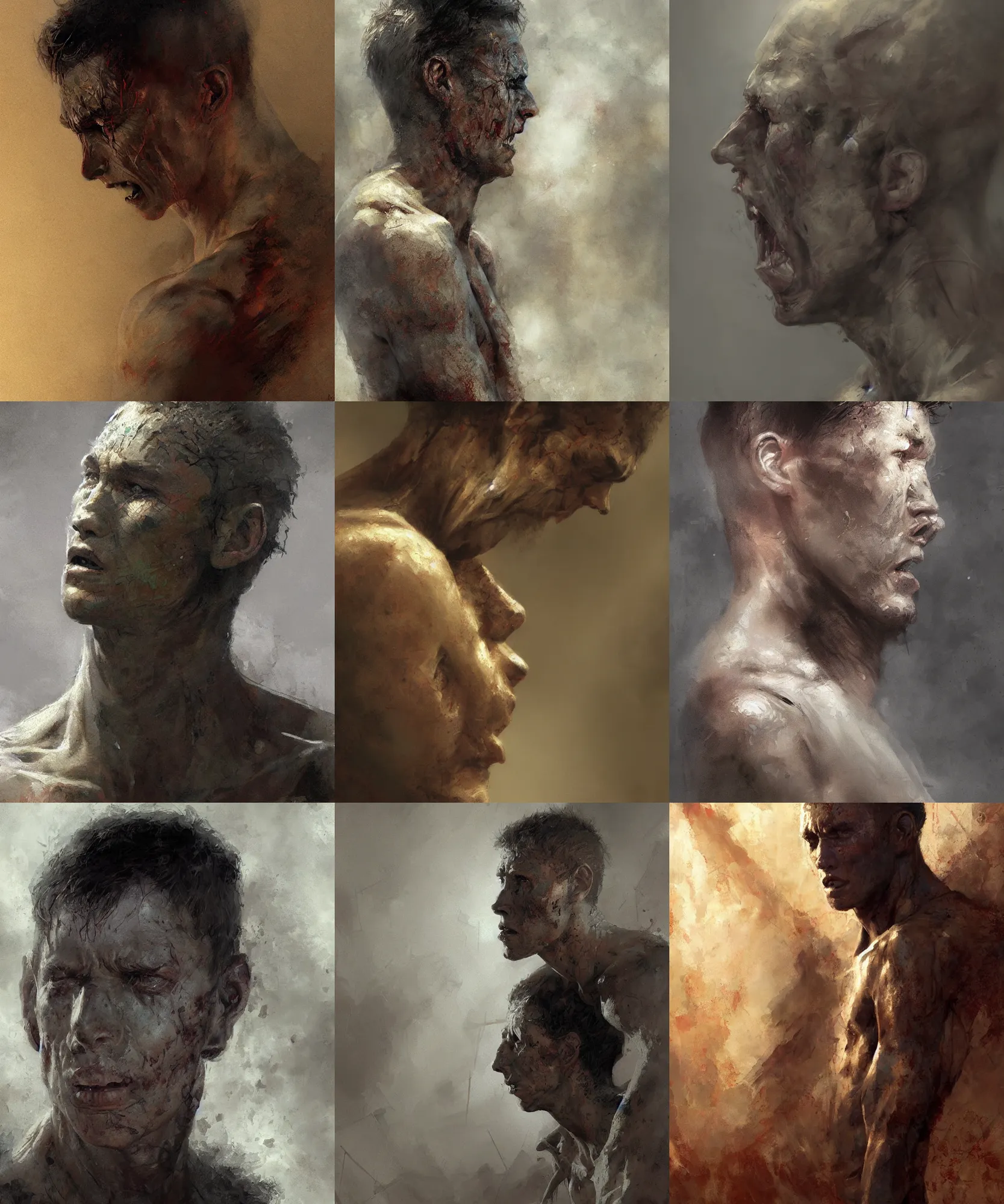 Prompt: 3 / 4 view digital art painting of the suffering devastated gaunt face of a young man survivor from a nuclear war, apocalypse, painted by craig mullins and gaston bussiere and greg rutkowski, dramatic lighting
