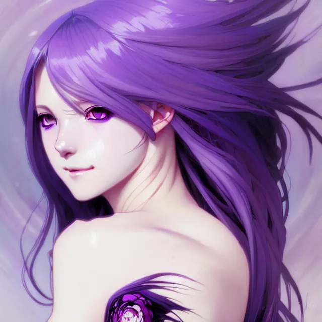 Image similar to anime girl with lavender hair, purple eyes and white dress, black jewellery, digital artwork, very beautiful face, pretty smile, extremely detailed art by greg rutkowski and alphonse mucha