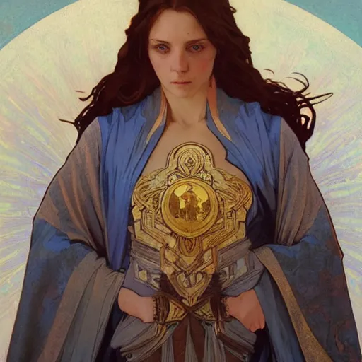 Image similar to Female wizard with blue robes, digital art, art by Alphonse Mucha, Greg Rutkowski, Alex Ross, WLOP, Artstation, 8K