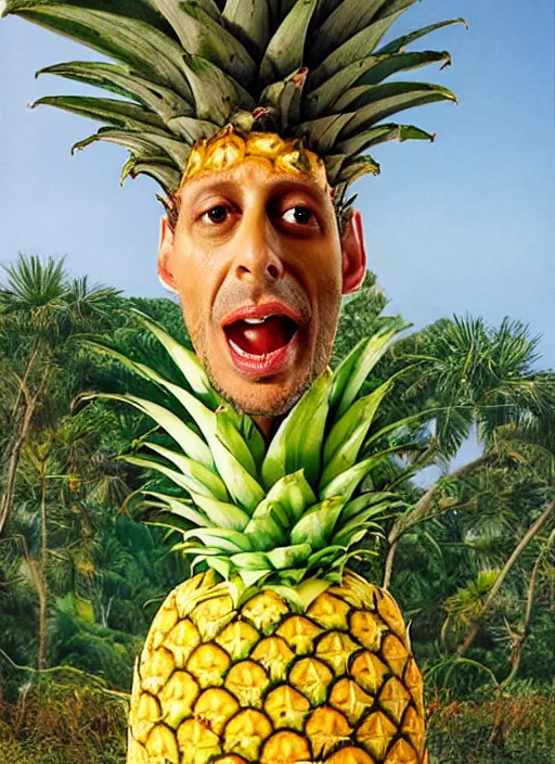 Image similar to jeff goldblum playing pineapple maracas dressed as a banana on the beach by arcimboldo giuseppe