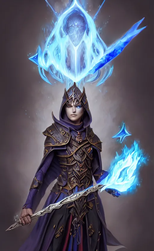 Image similar to legendary dark elf wizard with blue flame staff, highly detailed, d & d, fantasy, highly detailed, digital painting, trending on artstation, concept art, sharp focus, illustration, global illumination, ray tracing, realistic shaded, art by artgerm and greg rutkowski and fuji choko and viktoria gavrilenko and hoang lap