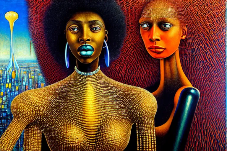 Image similar to realistic extremely detailed closeup portrait painting of a beautiful black woman in a dress with a robot, city street on background by Jean Delville, Amano, Yves Tanguy, Ilya Repin, William Holman Hunt, Ernst Haeckel, Edward Robert Hughes, Roger Dean, rich moody colours