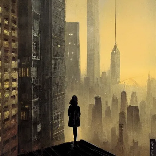 Prompt: “ girl standing on a roof looking down at a foggy futuristic new york city below, ghostpunk, blade runner, cyberpunk, brutalist, very detailed, by george bellows ”