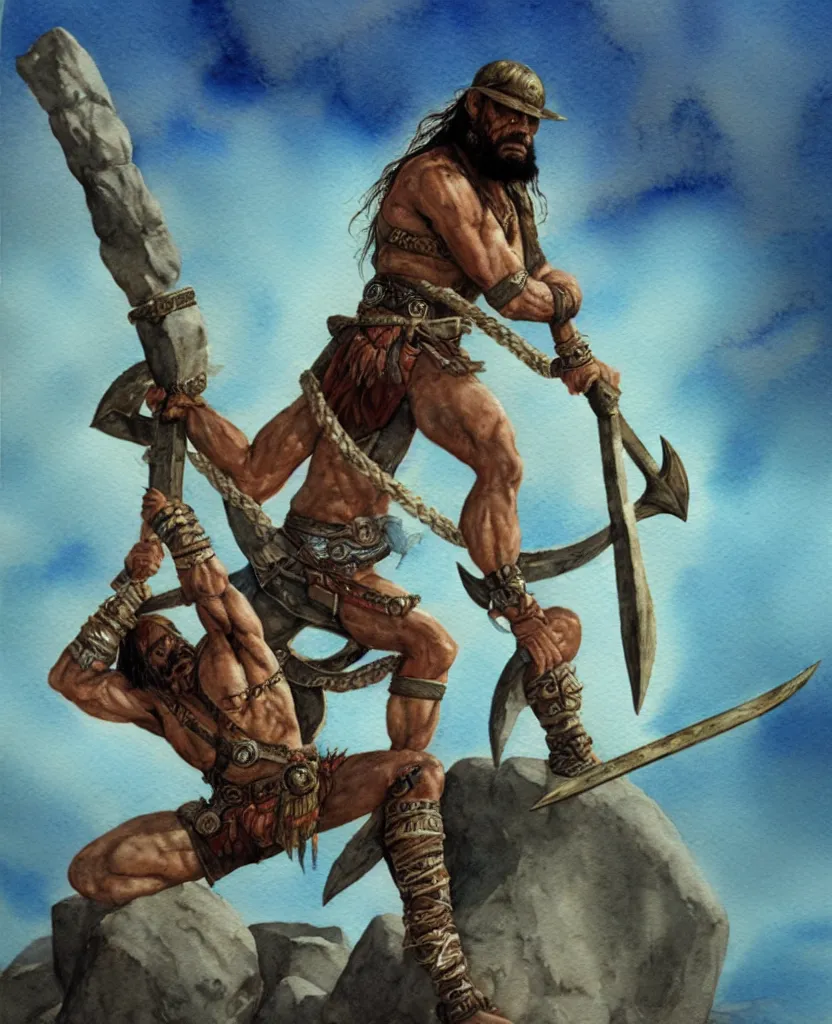 Image similar to randy savage with an anchor weapon slung over his shoulder and foot heroically on a boulder posing in desolate wasteland | fantasy watercolour painting | middle earth | conan | darksun | d & d dungeons and dragons | barbarian