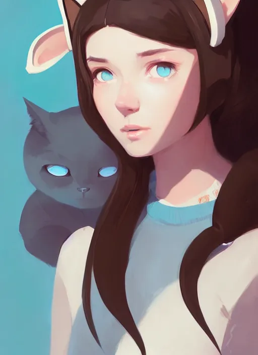 Image similar to portrait of cute catgirl with cat ears, by atey ghailan, by greg rutkowski, by greg tocchini, by james gilleard, by joe gb fenton, by in kaethe butcher, dynamic lighting, gradient light blue, brown, blonde cream and white color in scheme, grunge aesthetic