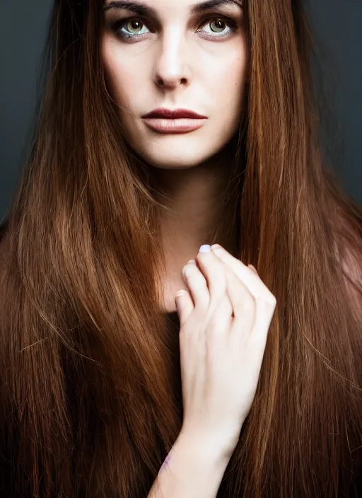 Prompt: portrait of beautiful 30-years-old French woman, with straight hair, well-groomed model, with lovely look, candid street portrait in the style of Martin Schoeller award winning, Sony a7R