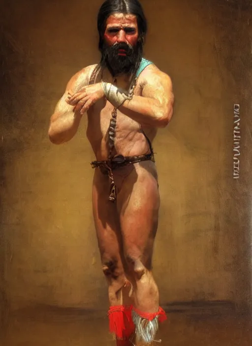 Image similar to Old west circus wrestler (rdr2). Iranian orientalist portrait by john william waterhouse and Edwin Longsden Long and Theodore Ralli and Nasreddine Dinet, oil on canvas. Cinematic, hyper realism, realistic proportions, dramatic lighting, high detail 4k