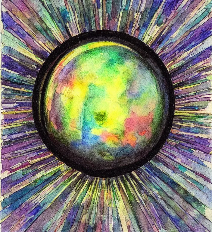 Prompt: a 1988 watercolor and ink illustration of an intricate and faceted crystal ball with a world inside of it + dissolving in to light + prism + god rays + dramatic lightning + backlit + specular + caustics