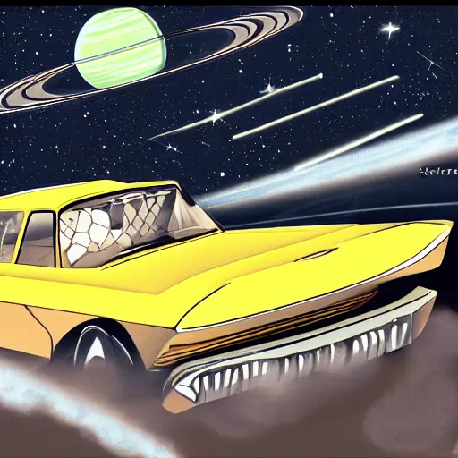 Image similar to 1960s car on a road in space driving towards a planet, trending on art station