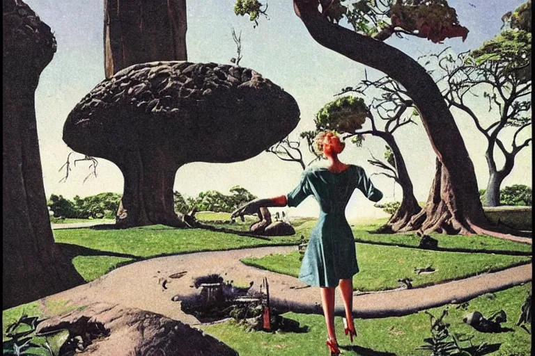 Image similar to 5 0 s pulp scifi illustration, elegant alien female strolls on lawn in beautiful extraterrestrial gardens, baobab tree, by norman rockwell, tom lowell, david curtis, frank schoonover