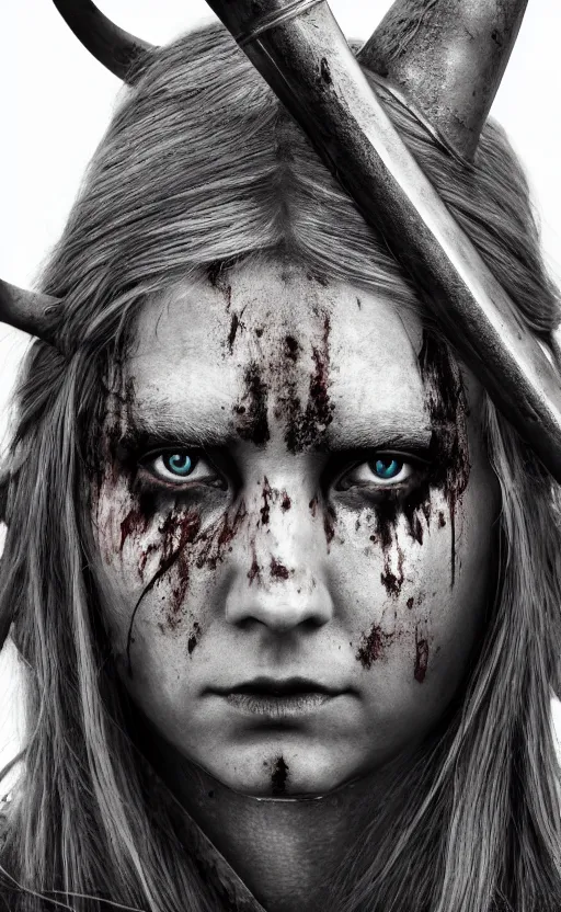 Image similar to photorealistic 3/4 photograph of beautiful female viking warrior with large sad gray eyes, bloody, cinematic, 28mm