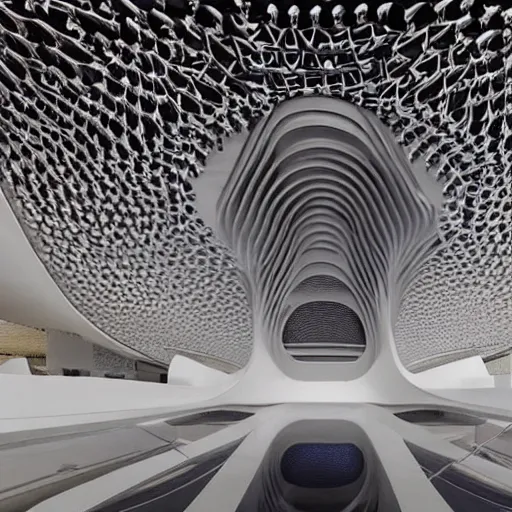 Prompt: extremely detailed ornate stunning beautiful futuristic museum interior by Zaha Hadid