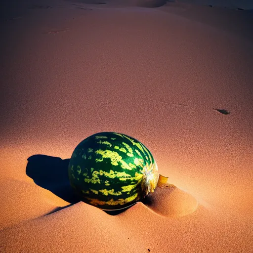 Image similar to a watermelon half buried in a dune of sand in a vast desert, warm colors, cinematic shot