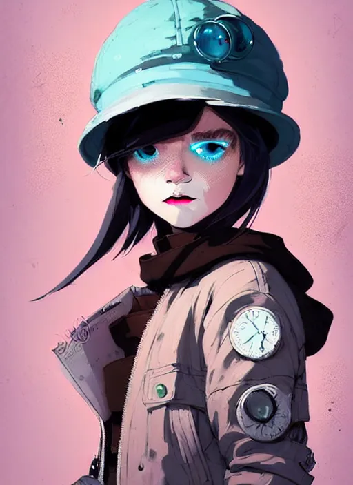 Image similar to highly detailed portrait of a sewer punk lady student, blue eyes, bubble jacket, hat, white hair by atey ghailan, by greg rutkowski, by greg tocchini, by james gilleard, by joe fenton, by kaethe butcher, gradient pink, black, brown and light blue color scheme, grunge aesthetic!!! ( ( graffiti tag wall background ) )