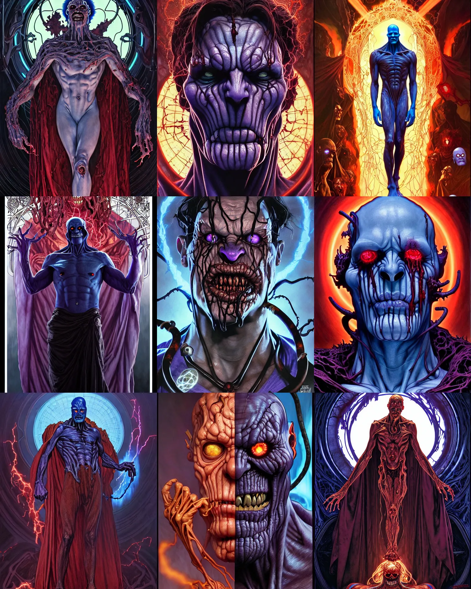 Prompt: the platonic ideal of hades of cletus kasady ultimate carnage thanos dementor doctor manhattan chtulu nazgul, detailed, intricate, hyperrealism, intense, scary, decay, dmt, art by brock hofer and artgerm and greg rutkowski and alphonse mucha