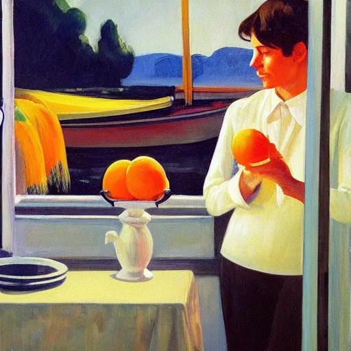 Image similar to oil painting of young leonard cohen in shabby room with beautiful woman wearing second hand clothes, with bowl of oranges on table, and view through window of boat on river, by edward hopper, by robert e. mcginnis