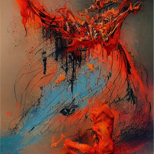Image similar to a devouring abstract splatters of paint in the style of francis bacon, engulfing flames in the style of james jean, surreal, beksinski, high detailed