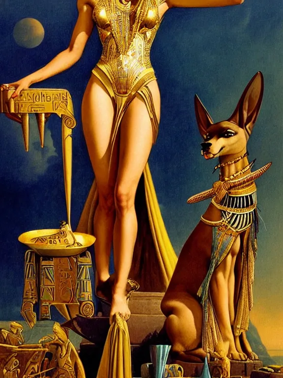 Image similar to zendaya as the Egyptian goddess Anubis the scales of life and death, a beautiful art nouveau portrait by Gil elvgren, Nile river environment , centered composition, defined features, golden ratio, gold jewelry