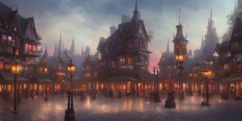 Prompt: beautiful matte painting of a fantasy town square, trending on artstation