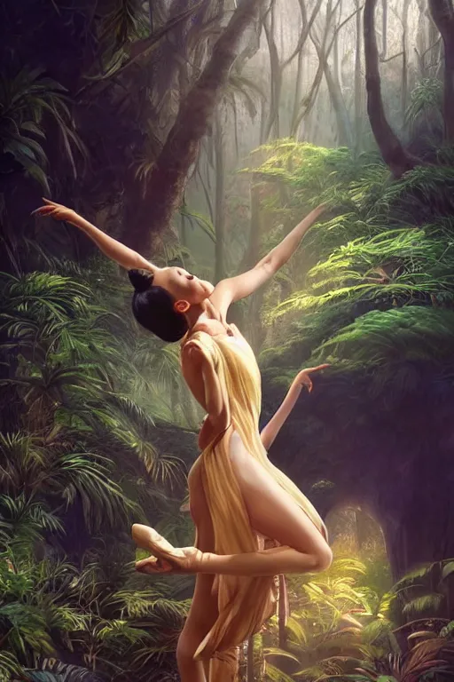 Image similar to stunningly beautiful, asian prima ballerina in jungle, symmetrical face, golden hour, smooth, focus, highly detailed, hyper realistic, dramatic lighting, elegant, intricate, concept art, art by wlop, mars ravelo, greg rutowski