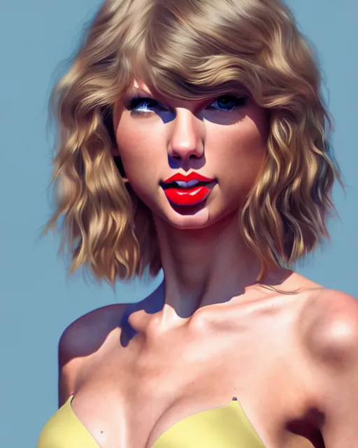 Image similar to 3 / 4 view of a portrait of taylor swift wears compact bikini, evangelion, au naturel, hyper detailed, digital art, trending in artstation, cinematic lighting, studio quality, smooth render, frostbite 3 engine rendered, art style by klimt and nixeu and ian sprigger and wlop and krenz cushart