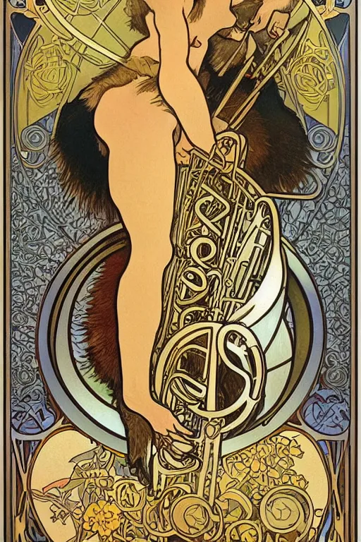 Prompt: Tarot card illustration of The Raccoon Playing a Tuba, illustration by Alphonse Mucha, art nouveau style, elaborate details, 4k