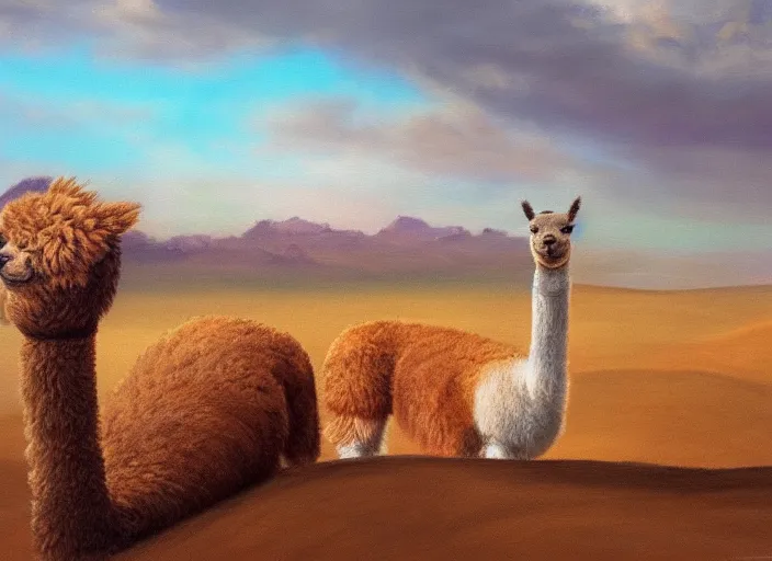 Prompt: an alpaca on a desert, artistic, trending on artstation, digital art, oil painting