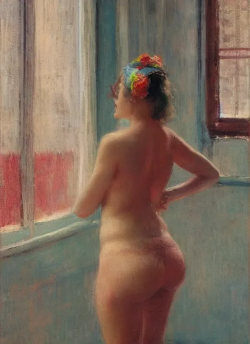 Image similar to A woman looking through a rainy window, raining outside, back view, wide shot, colorful string bikini, modest, 1950s, americana, award-winning, warm colors, by Ilya Repin, deviantart