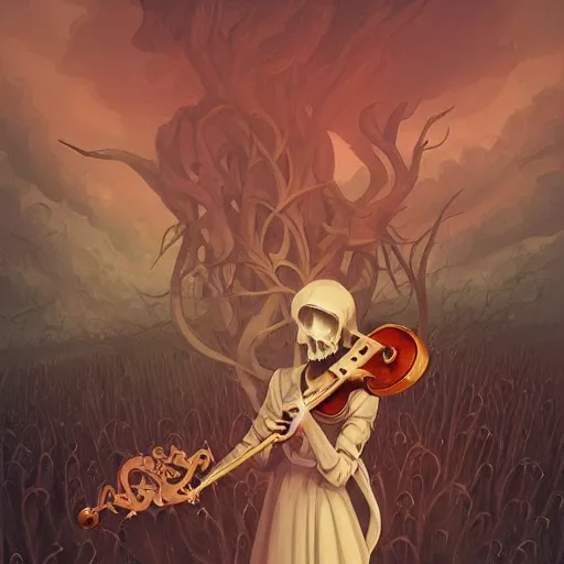 Image similar to Necromancer human with a violin standing in a field of tombs, Stylized illustration, by Peter Mohrbacher, background by Kelly Mckernan